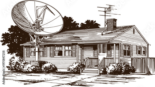 Vintage ink drawing of a house with a satellite dish, an antenna, a porch, trees, and shrubs