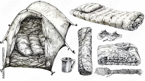 Hand-drawn illustrations depicting camping gear tent, sleeping bag, shoes, mug, and rope