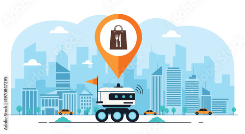 Autonomous food delivery robot moving through a city street with a location pin icon in the background sky above the skyline.
