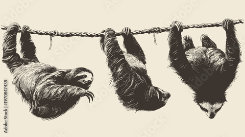 A grayscale illustration depicts three sloths hanging from a rope with detailed shading, on a light background