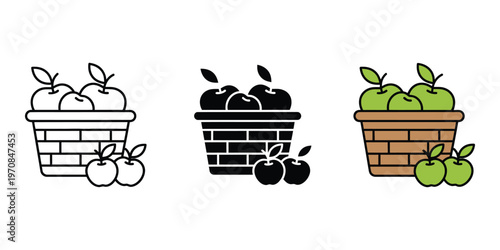 Three baskets of apples in different colors isolated on transparent background
