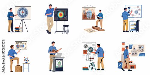 Принти на полотні Flat vector illustration set of a scientist presenting nuclear energy concepts, reactor safety, fusion technology, and engineering diagrams for educational or professional use