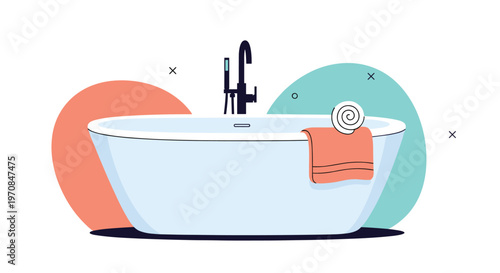 Modern minimalist bathroom interior featuring a sleek white freestanding bathtub with chrome fixtures and a towel.