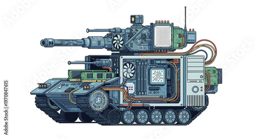 A detailed cutaway illustration depicts a military tank intricately constructed from various computer components and circuitry.