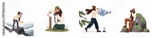 Flat illustration set of a female photographer capturing nature landscapes, mountains, and winter scenery during her outdoor travels and hiking adventures.