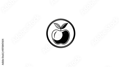 A monochrome illustration of an apple within a circle. Features two leaves atop the fruit