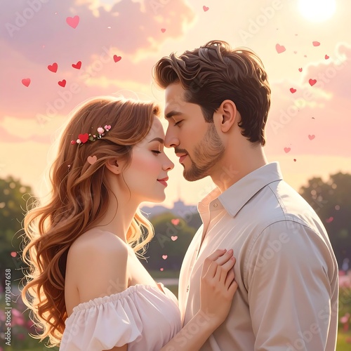 A romantic couple embracing in a field of flowers