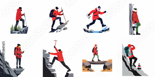 A collection of flat vector illustrations featuring hikers and mountain climbers in red parkas exploring nature, trekking, and climbing mountains.