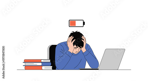 Overworked male employee at a desk feeling stressed with his head in his hands and a low battery icon overhead.