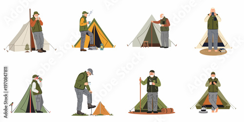 A collection of illustrations featuring a senior man enjoying various camping activities, from drinking coffee to relaxing by his tent in nature.