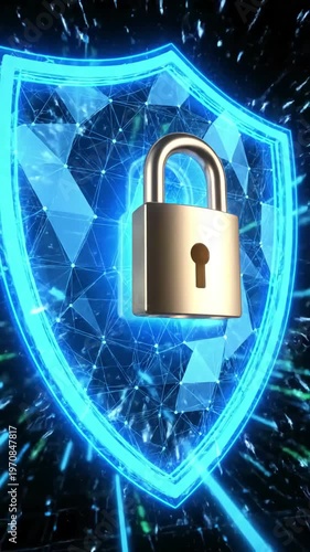 Wallpaper Mural Technology Digital data shield and padlock for internet network security privacy protection scene 3 with distortion, overlay, glitch, static noise, scan lines on black background, 4k animated video Torontodigital.ca