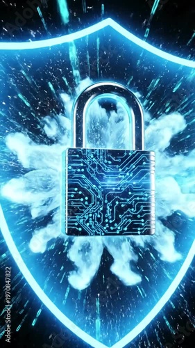 Wallpaper Mural Technology Digital data shield and padlock for internet network security privacy protection scene 4 with distortion, overlay, glitch, static noise, scan lines on black background, 4k animated video Torontodigital.ca