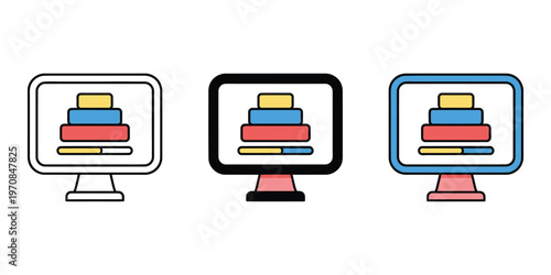 Three computer monitors with colorful book stacks on screens isolated on transparent background