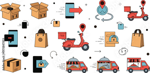 Delivery service and online shopping logistics set with courier scooter packages tracking and shipping process vector illustration collection