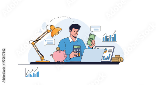 Man managing personal finances at home using a calculator, laptop, and a piggy bank to track his savings and income.