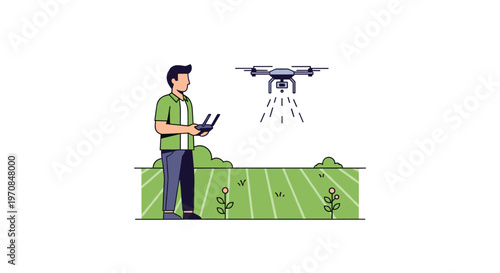 A man in a green shirt operates a black drone with a remote control over a green field with yellow flowers.
