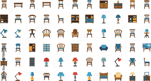 Set of Various Furniture Illustrations, Including Chairs, Tables, Lamps, Dressers, and Cabinets in Classic Wooden Style