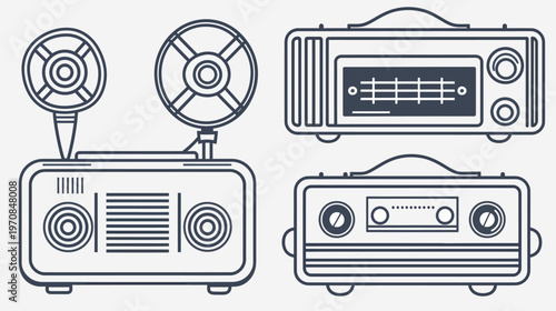 Retro media outlined graphic. Two film projectors and two radios in simple line art