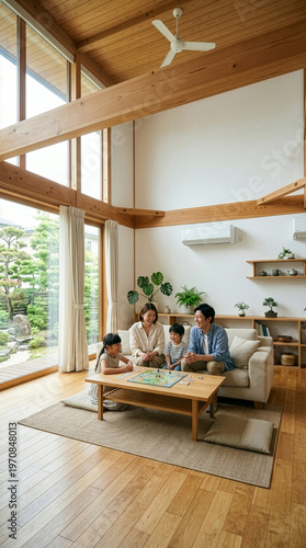 Happy Japanese family relaxing in a cool air-conditioned modern living room, energy-saving house, summer lifestyle, copy space