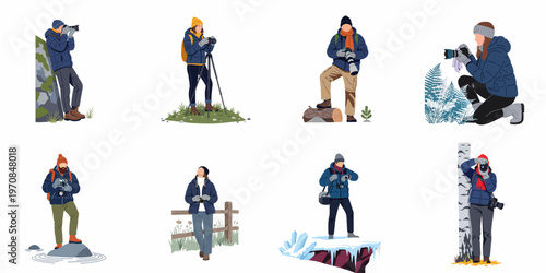 Collection of Illustrations Featuring Diverse Photographers Capturing Nature and Landscapes in Winter and Outdoor Environments Using Professional Equipment