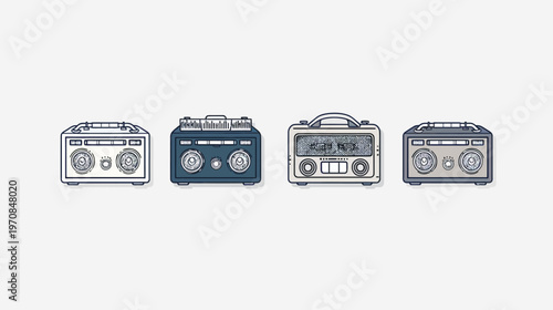 Four differently colored vintage radio boomboxes lined up on a white surface