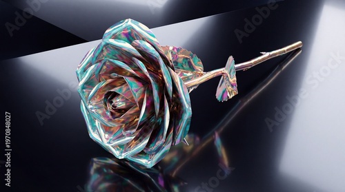 Iridescent Crystalline Rose Flower Resting on Dark Reflective Surface