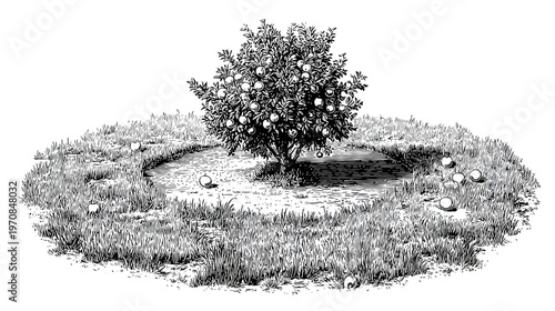 A black and white illustration of an orchard, surrounded by tall grass, and a mature fruit tree