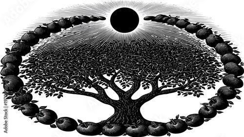 Black and white illustration of a tree surrounded by apples with a sun-like element above