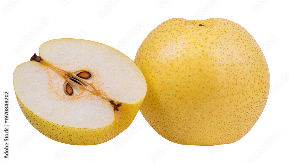 Fototapeta premium Ripe Asian pear halved revealing seeds, next to whole golden fruit