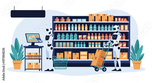 Smart logistics concept featuring automated robots working in a warehouse aisle stocking boxes on large shelves.