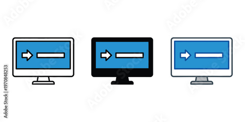 Three computer monitors with data transfer icons isolated on transparent background