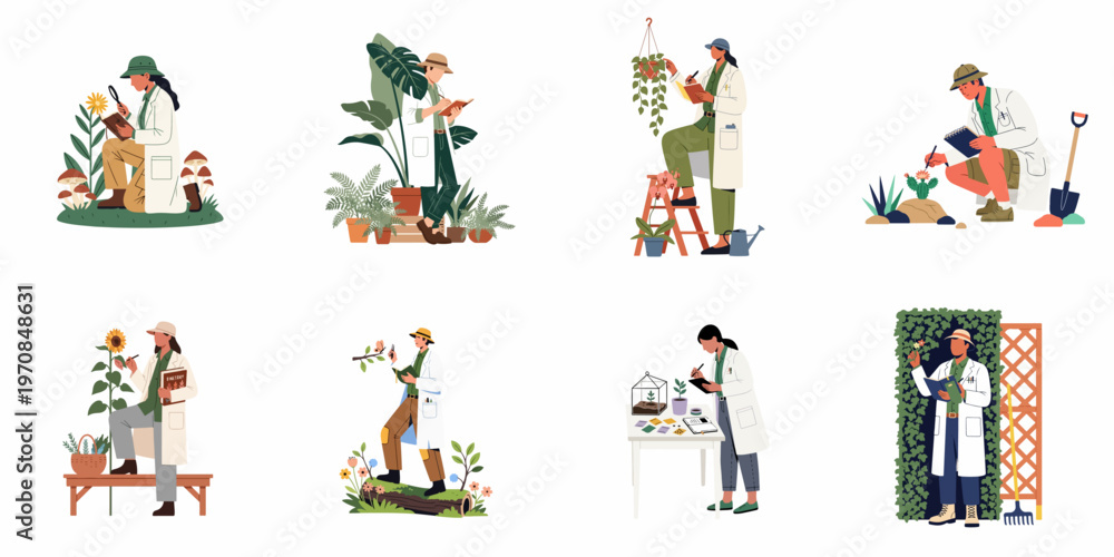 Fototapeta premium Diverse set of botanists and plant scientists studying nature, flowers, and flora in various environments, flat vector illustration isolated on white.