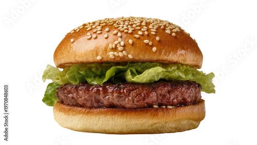 Sesame seeded bun embracing juicy beef patty crisp lettuce, and golden toasted bread