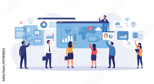 Diverse business team analyzing interactive data charts and global maps on large digital screens for strategic planning.