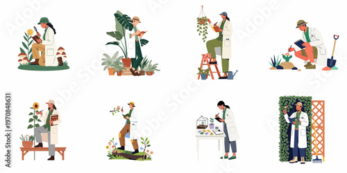Diverse set of botanists and plant scientists studying nature, flowers, and flora in various environments, flat vector illustration isolated on white.