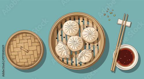 Traditional bamboo steamer basket filled with hot dumplings and buns served with chopsticks and dipping sauce.