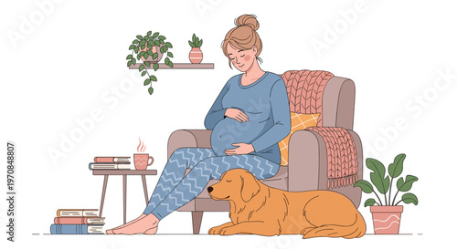 A pregnant woman in blue pajamas is sitting in an armchair, holding her belly, with a golden retriever dog at her feet.