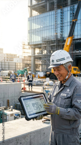 Professional Japanese senior construction supervisor using a tablet with a confident smile, active senior recruitment, copy space