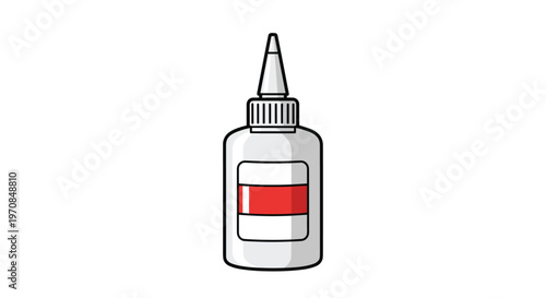 White plastic bottle of school glue with a red label and a pointed applicator tip isolated on white background.
