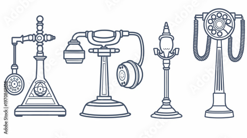 Line art of antique candlestick telephones, different styles, dark blue on white