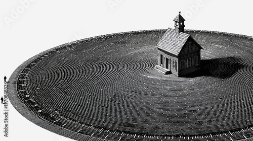 Black and white illustration of a small building situated on a circular, textured landscape