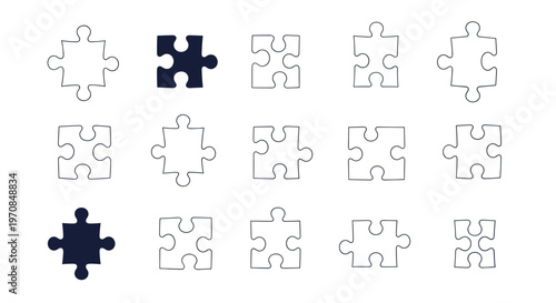 Grid of various white jigsaw puzzle pieces with two solid dark blue pieces placed among the outlined ones on a surface.