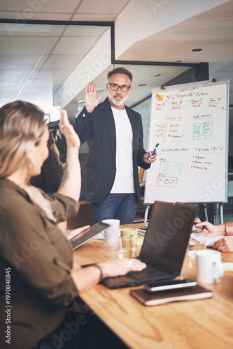 Εκτύπωση καμβά Presentation, high five and man in meeting, creative agency and feedback for submission