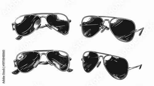 Four pairs of aviator sunglasses with dark lenses, in a black and white graphic style