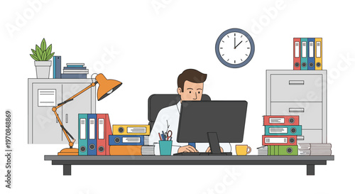 Busy man working at a computer in a cluttered professional office surrounded by stacks of colorful folders and files.