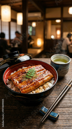 Luxury Japanese grilled eel bowl (Unagi Kabayaki) for Doyo-no-Ushi, professional food photography, copy space