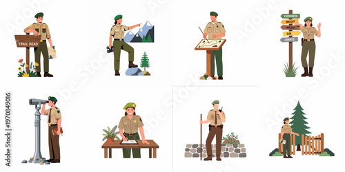 Vector illustration set featuring male and female park rangers performing various duties like guiding, mapping, and monitoring in a national park setting.