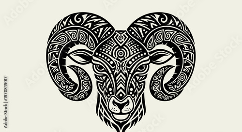 Tribal Ram Head Zodiac Symbol, Aries Constellation Art, Black and White Illustration