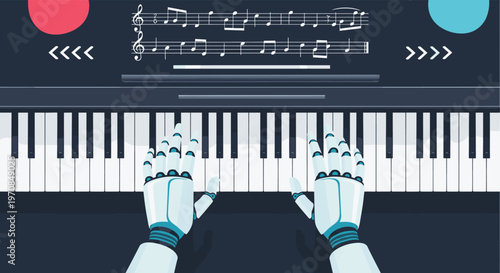 Pair of robotic hands playing a melody on a black and white piano keyboard with musical notes displayed above.