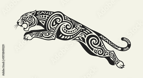 Tribal Panther Leap - Black and White Abstract Animal Illustration